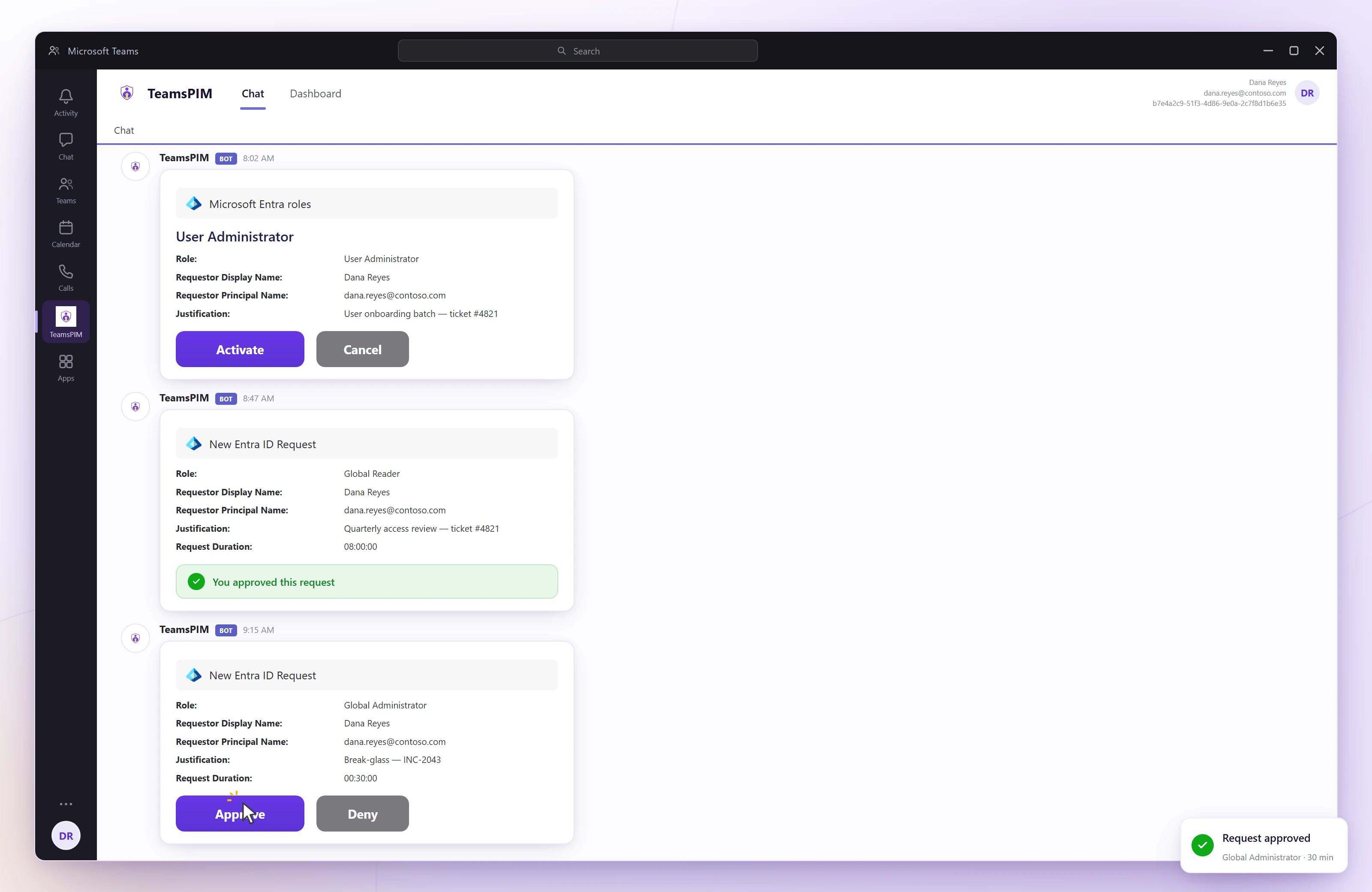 TeamsPIM bot chat inside Microsoft Teams — Entra ID request cards with activation and Approve/Deny actions, and an approved-request confirmation